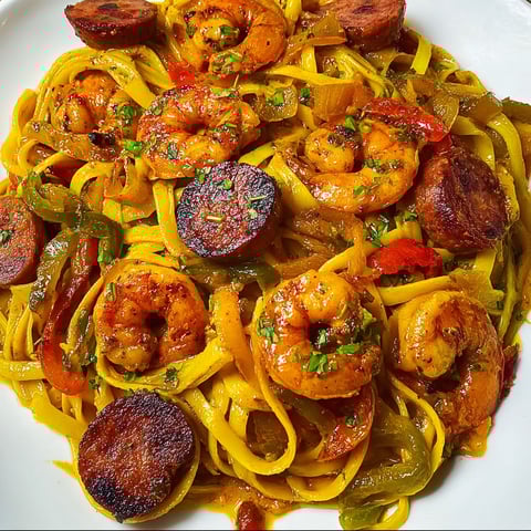 A delicious pastalaya recipe is served on a plate, featuring shrimp, sausage, and noodles.
