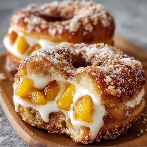 Two donuts with peach filling and powdered sugar on a wooden platter.