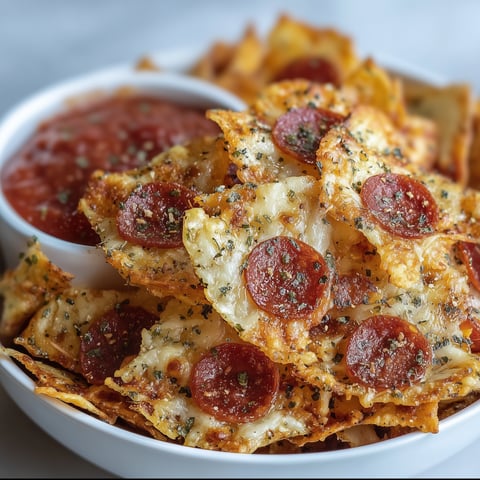 A bowl filled with crispy and cheesy pizza chips topped with pepperoni.