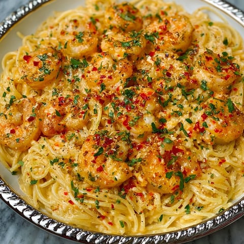 A plate of pasta with shrimp and spices, likely Bang Bang Shrimp Pasta.