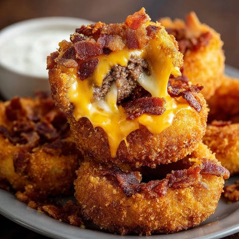 A plate of bacon cheeseburger onion rings with a side of ranch dressing.
