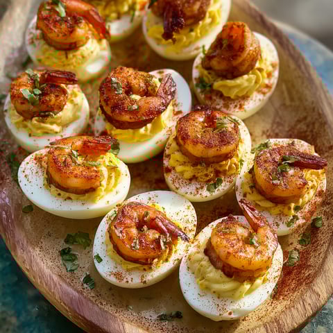 A plate of deviled eggs with shrimp and bacon toppings.