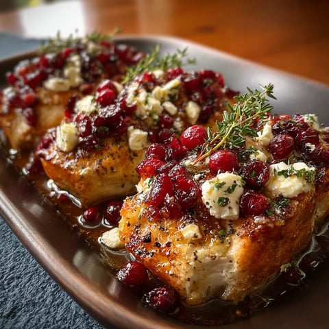 A delicious Honey Cranberry Chicken Bake with Feta Cheese is presented on a plate.