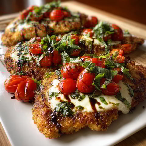 A plate of Italian Basil Chicken Cutlets with Tomato and Mozzarella Topping.