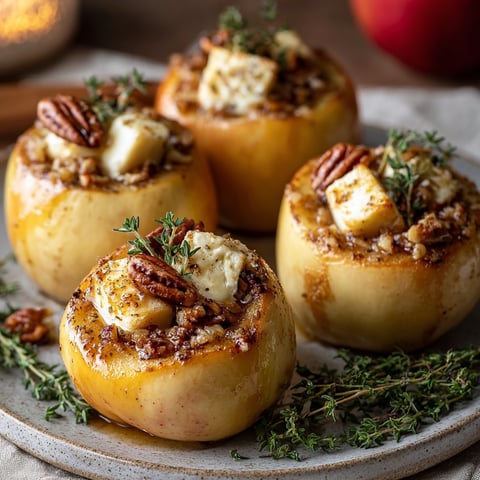 Three apples are stuffed with a mixture of maple, pecans, and brie cheese, garnished with thyme.