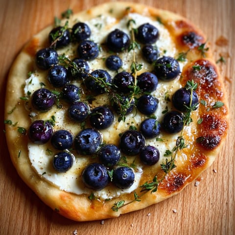 A flatbread with blueberries and thyme on top, drizzled with honey.