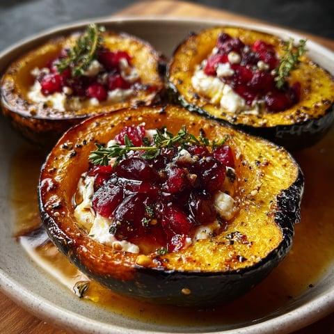 A plate of honey glazed acorn squash with creamy goat cheese and cranberry drizzle.