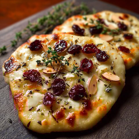 A delicious flatbread with brie, cranberries and toasted almonds.