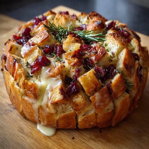 A delicious Cranberry Brie Sourdough Pull Apart Bread is displayed on a wooden table, ready to be enjoyed.
