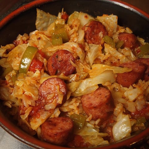 A bowl of Cajun Cabbage Jambalaya with sausage and cabbage.