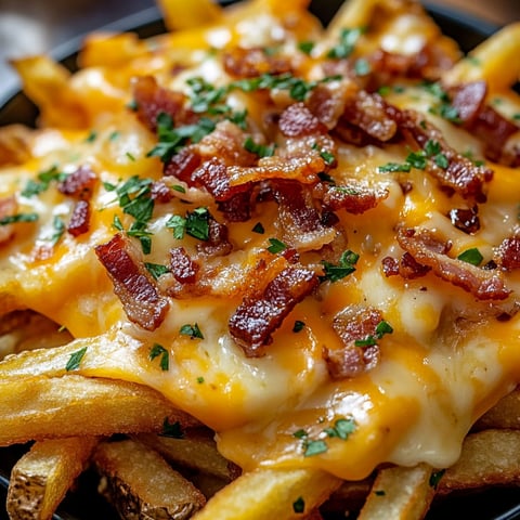 A delicious dish of Loaded Bacon Cheese Fries, served in a black bowl.