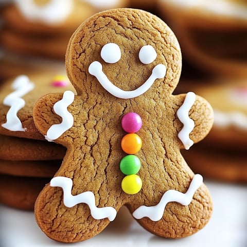 A smiling gingerbread man cookie with a colorful candy necklace.