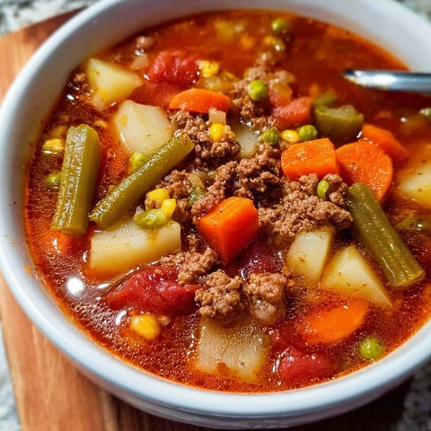 A bowl of vegetable beef soup filled with various vegetables and meat.