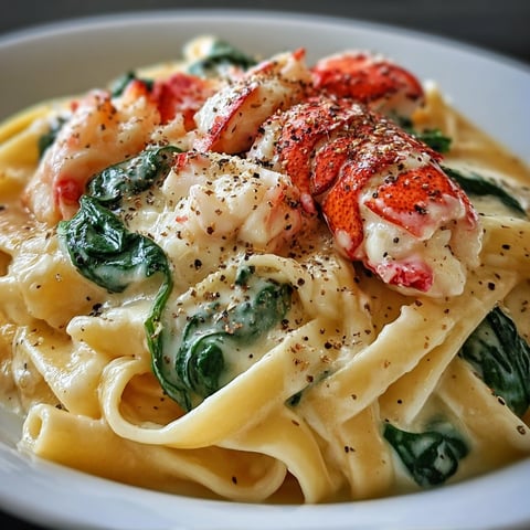 A bowl of creamy lobster Alfredo pasta with a generous amount of lobster and spinach.