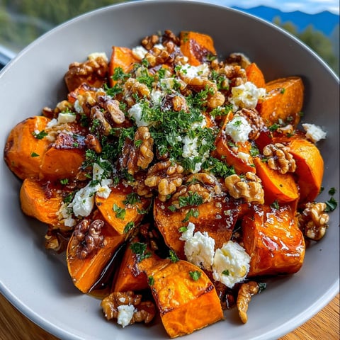 A bowl of roasted sweet potatoes with cheese and walnuts, served on a wooden table.