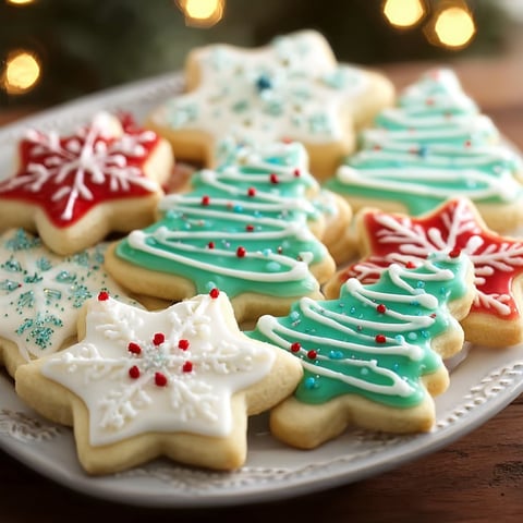 A plate full of Christmas cookies with stars and trees on them.