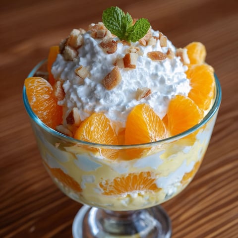 A bowl of orange dessert with white cream and nuts.