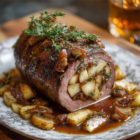 A delicious stuffed meat dish with potatoes and herbs, served on a plate.
