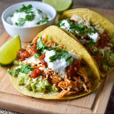 Two delicious tacos with meat and cheese, served with a side of guacamole and sour cream.