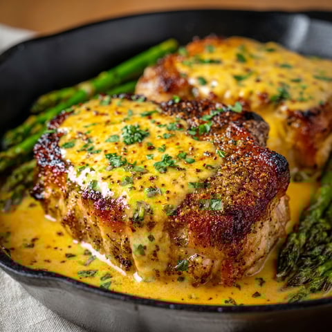 A delicious meal of chicken with cheese and asparagus.