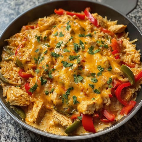 A bowl of Queso with chicken, peppers, and rice.