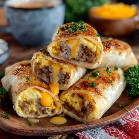 A plate of sausage wraps with cheese and egg filling.