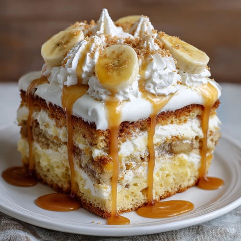 A slice of Banana cake with caramel drizzle on a white plate.