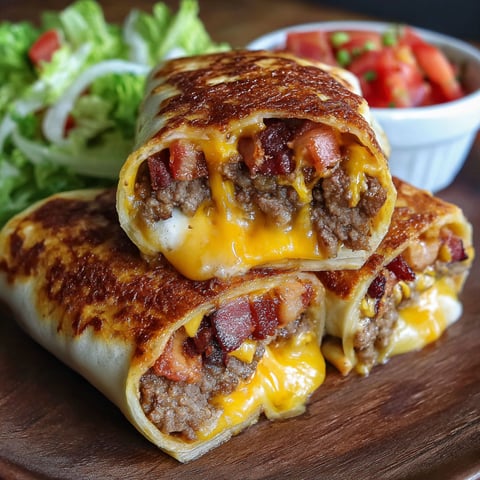 A delicious bacon burrito is served on a wooden table.