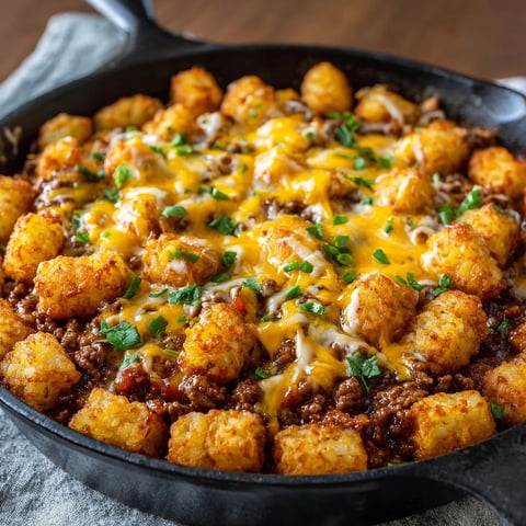 A delicious tater casserole with cheese and bacon, served in a black skillet.