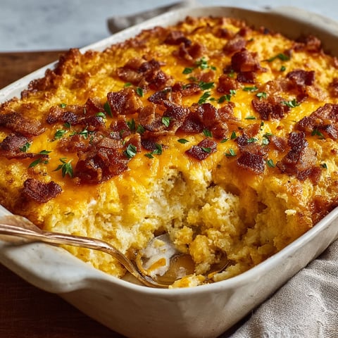A delicious bacon and cheese casserole, known as Dolly, is served in a white bowl.