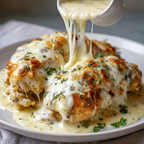 A plate of chicken covered in cheese and sauce, with a spoonful of sauce being poured over it.