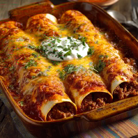 A delicious beef enchilada with a dollop of sour cream on top.