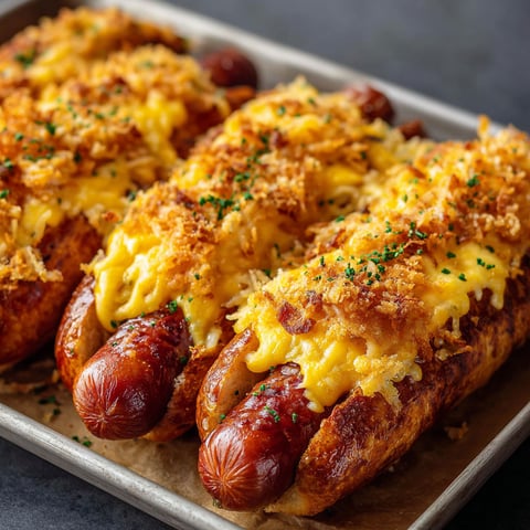 A delicious Crispy Hot Dog with cheese and bacon on top, served on a bun.