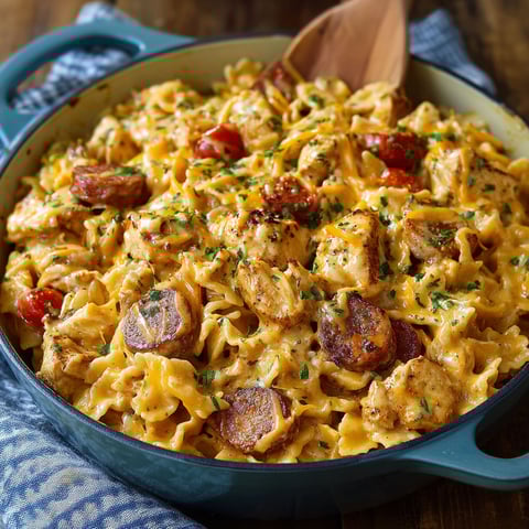 A delicious one-pot meal with pasta, sausage, and tomatoes.