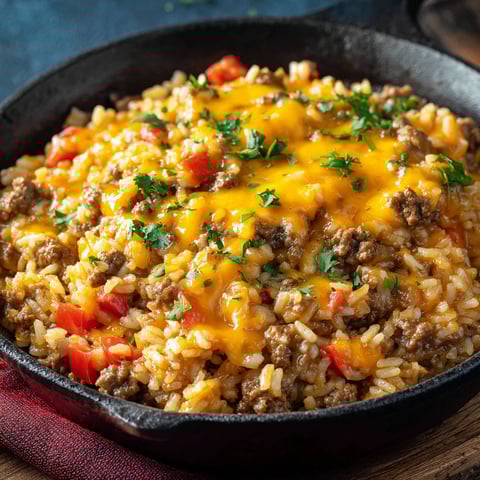 A delicious cheesy rice dish is served in a black skillet.