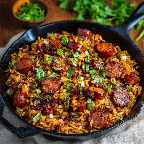 A delicious one-pan meal of rice, sausage, and vegetables, ready to be cooked in a cast iron skillet.