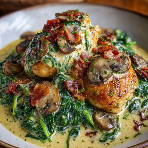 A delicious smothered chicken dish with mushrooms and greens.