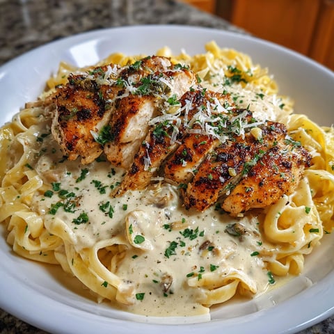 A plate of pasta with chicken and garlic sauce.