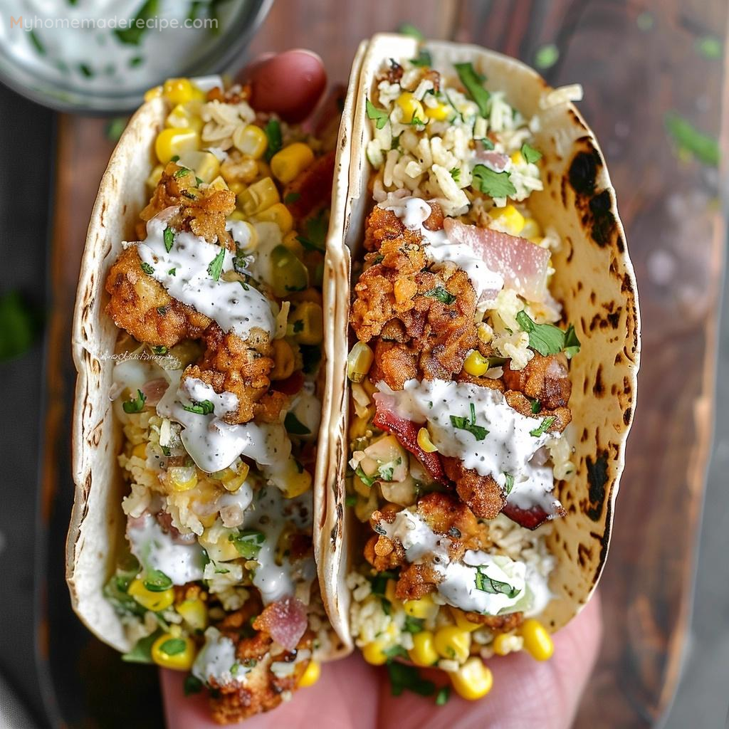 Delicious Fried Chicken Street Corn Tacos with Bacon and Jalapeno Lime Ranch