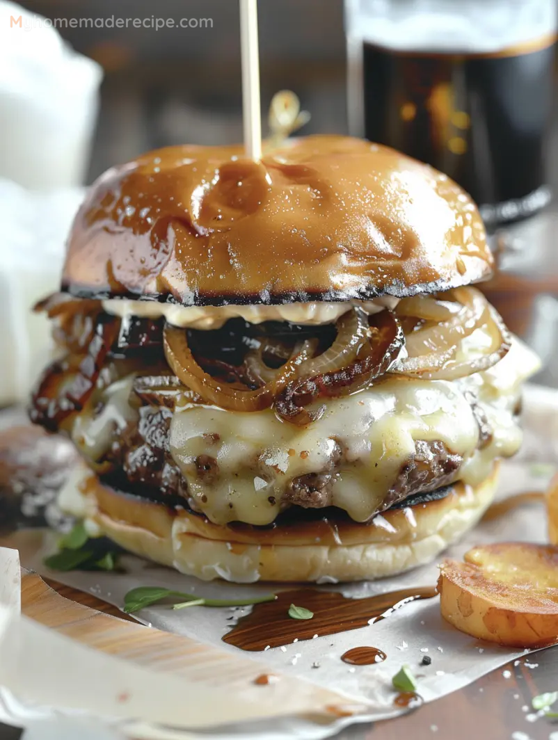 Gourmet French Onion Soup Burgers with caramelized onions and melted cheese