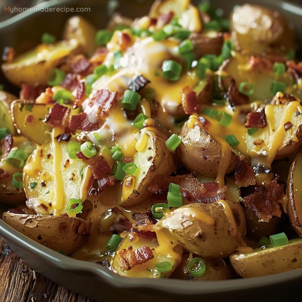 A delicious plate of Mississippi Mud Potatoes topped with melted cheddar, crispy bacon, and green onions.