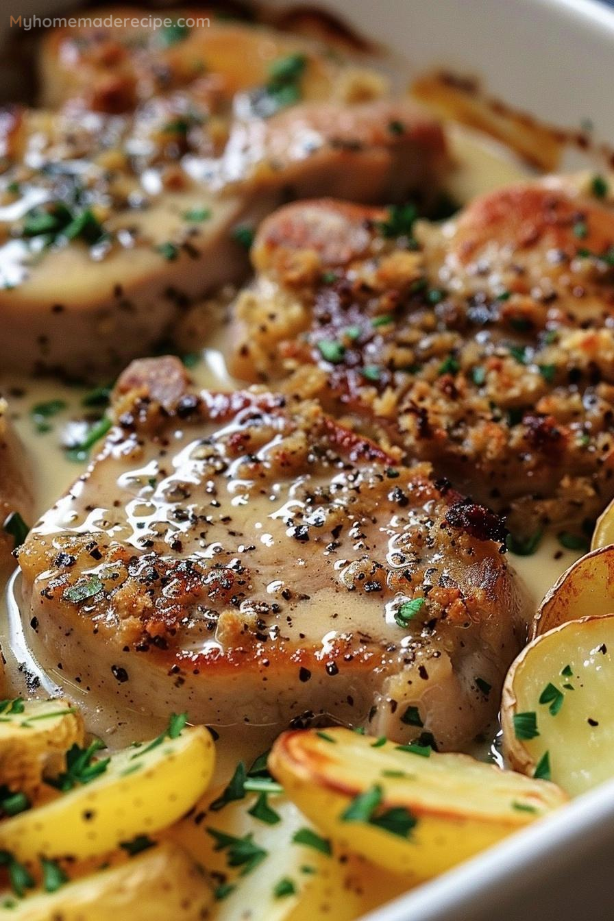 Garlic Parmesan Pork Chops with Cheesy Scalloped Potatoes