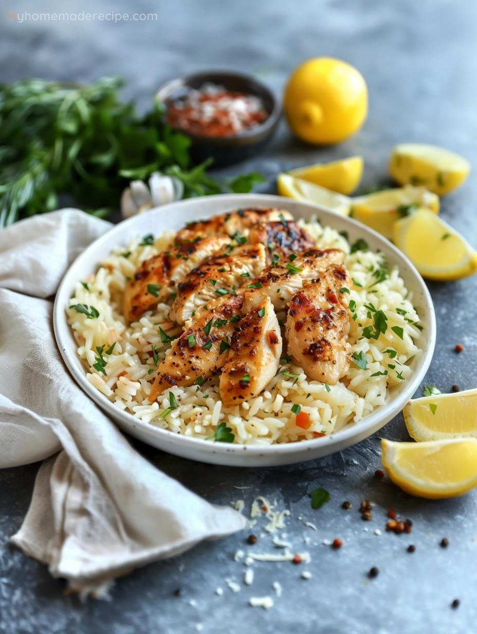 A plate of Chicken Scampi with Garlic Parmesan Rice garnished with fresh parsley