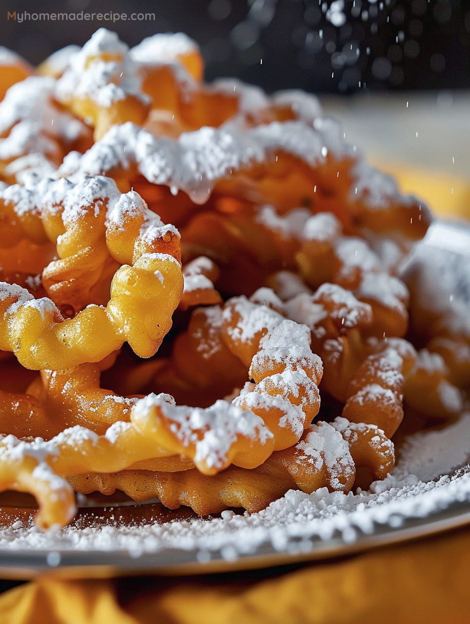 A stack of golden-brown funnel cakes dusted with powdered sugar.