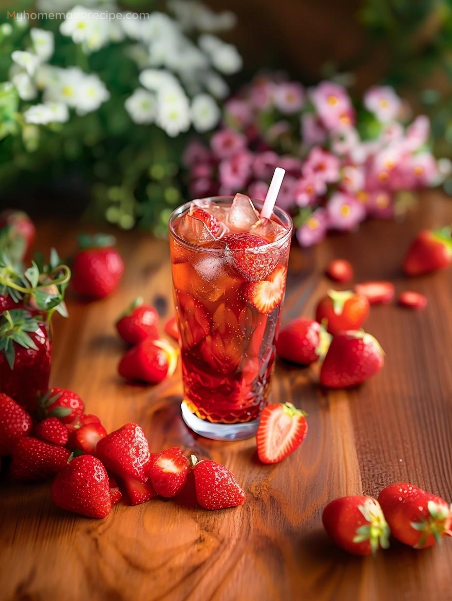 Glass of refreshing strawberry tea with fresh strawberries and ice