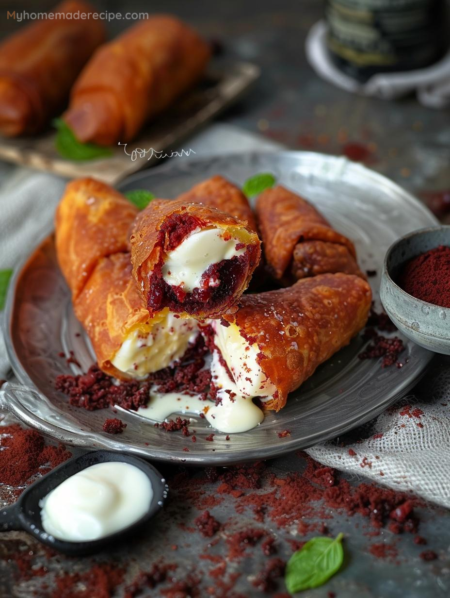 Red Velvet Cheesecake Egg Rolls drizzled with glaze