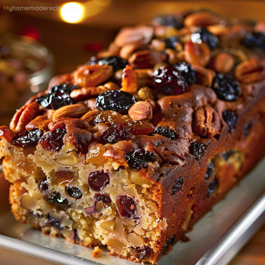 A slice of rich, moist fruitcake studded with dried fruits and nuts