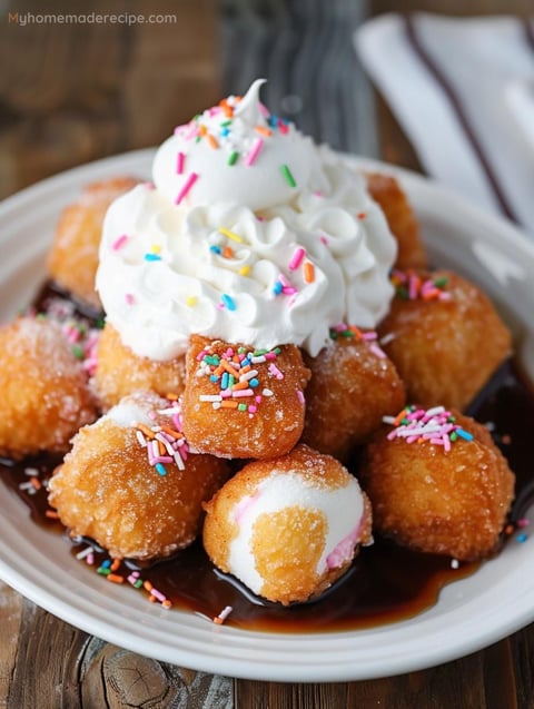 Golden brown deep fried marshmallows topped with chocolate syrup and sprinkles