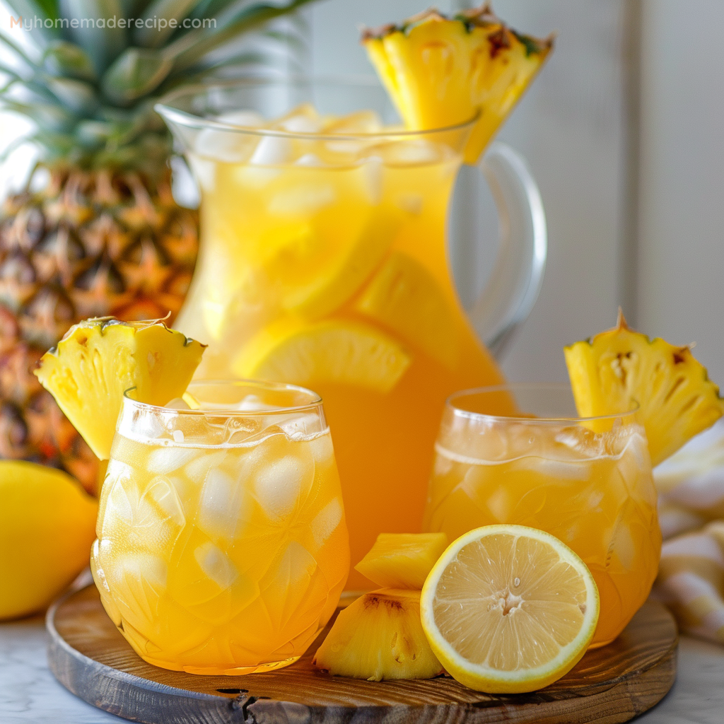 Pineapple Lemonade Punch in a glass with lemon and pineapple slices