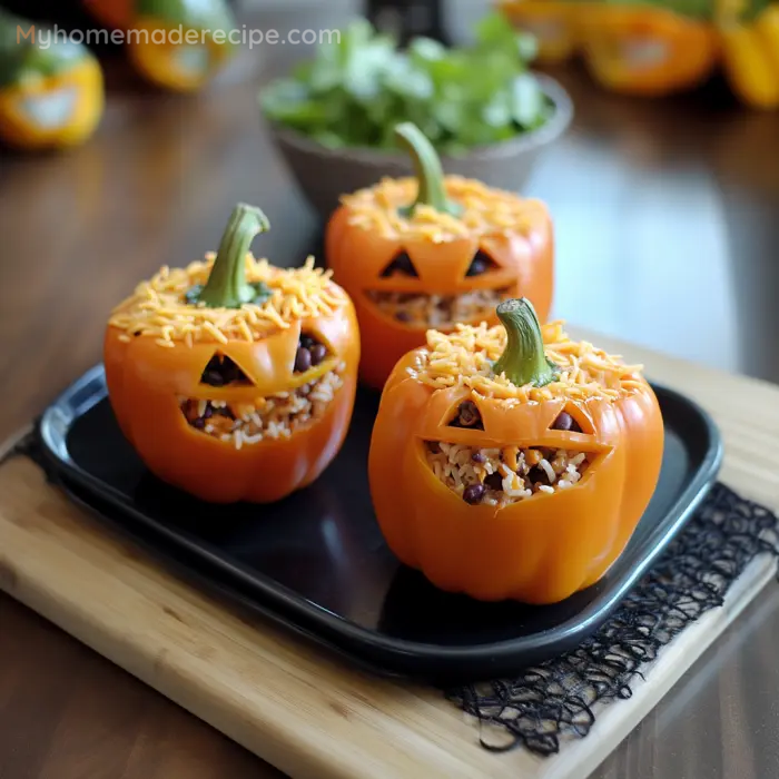 Halloween Shredded Chicken & Rice Stuffed Peppers